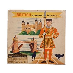 Vintage 1960s Colorful Lithographed Elkes British Assorted Biscuits Metal Tin